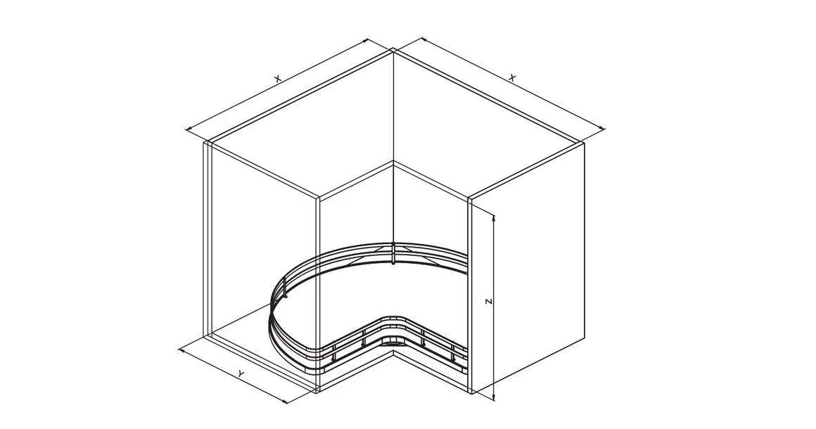 Kép 3/3 - Konyhai fémrács, sarokszekrénybe, 3/4 kör kosár, antracit, 700mm átmérő, oszloppal, 350mm ajtókhoz, Sige Infinity Plus 363