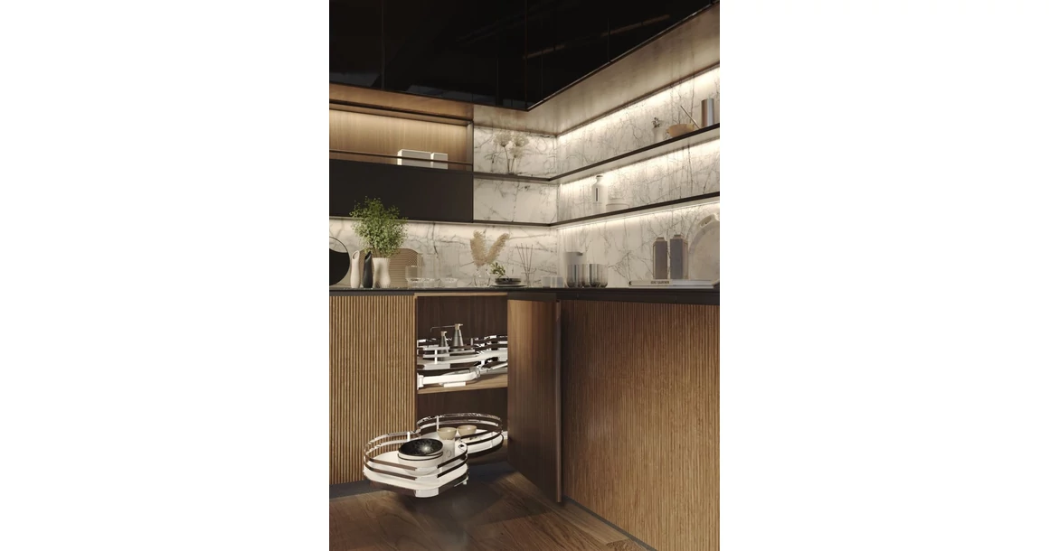 Kép 2/3 - Konyhai fémrács, sarokszekrénybe, balos, Nuvola vesetál, króm-fehér,  800mm, 450mm ajtó szélesség, Sige Infinity Plus 371