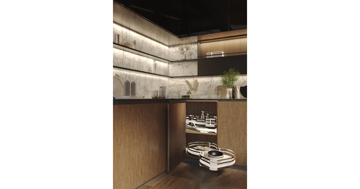 Kép 2/3 - Konyhai fémrács, sarokszekrénybe, jobbos, Nuvola vesetál, króm-fehér,  800mm, 400mm ajtó szélesség, Sige Infinity Plus 371