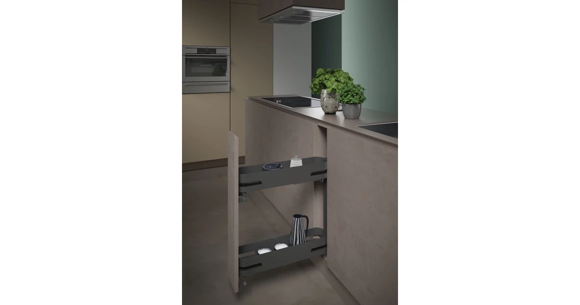 Kép 2/3 - Konyhai fémrács, 150mm, bal oldalra szerelhető, antracit, teljes kihúzás, csillapított záródás, rejtett fióksín, 2 kosár SIGE, MATERIA 002