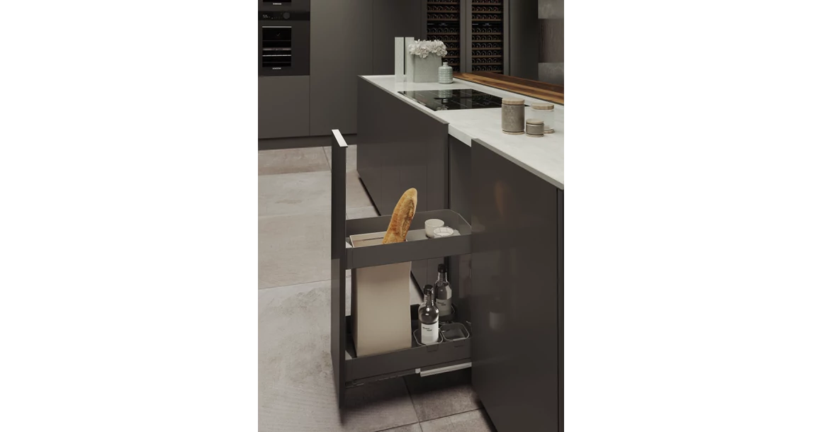 Kép 2/2 - Konyhai fémrács, 300mm, oldalra szerelhető, antracit, teljes kihúzás, csillapított záródás, rejtett fióksín, 2 kosár, textilzsákkal SIGE, PRO LINE 007