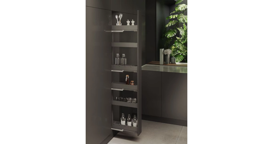 Kép 2/2 - Konyhai fémrács, 200mm, bal oldalra szerelhető, antracit, teljes kihúzás, csillapított záródás, rejtett fióksín, 3 kosár SIGE, PRO LINE 249