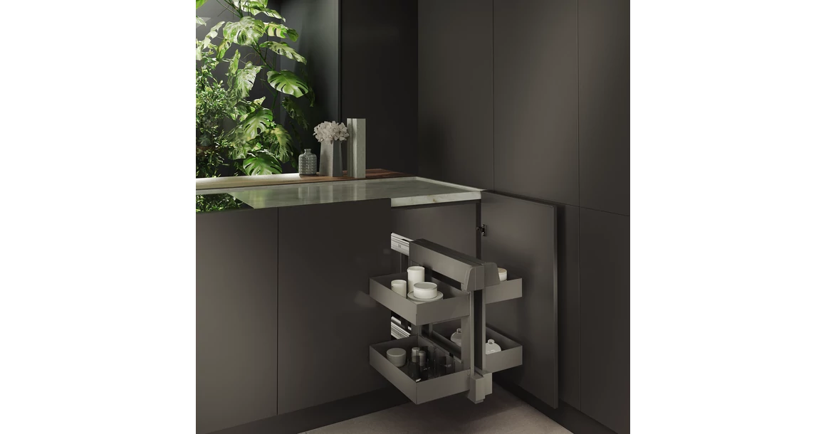 Kép 2/5 - Konyhai fémrács, sarokszekrénybe, teljes kihúzás, csillapított záródás, antracit, univerzális, 1000mm, 500mm ajtó szélesség, Sige PRO LINE 340