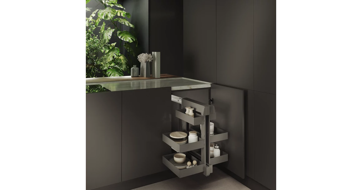 Kép 2/3 - Konyhai fémrács, sarokszekrénybe, teljes kihúzás, csillapított záródás, antracit, univerzális, 1000mm, 500mm ajtó szélesség, Sige PRO LINE 340