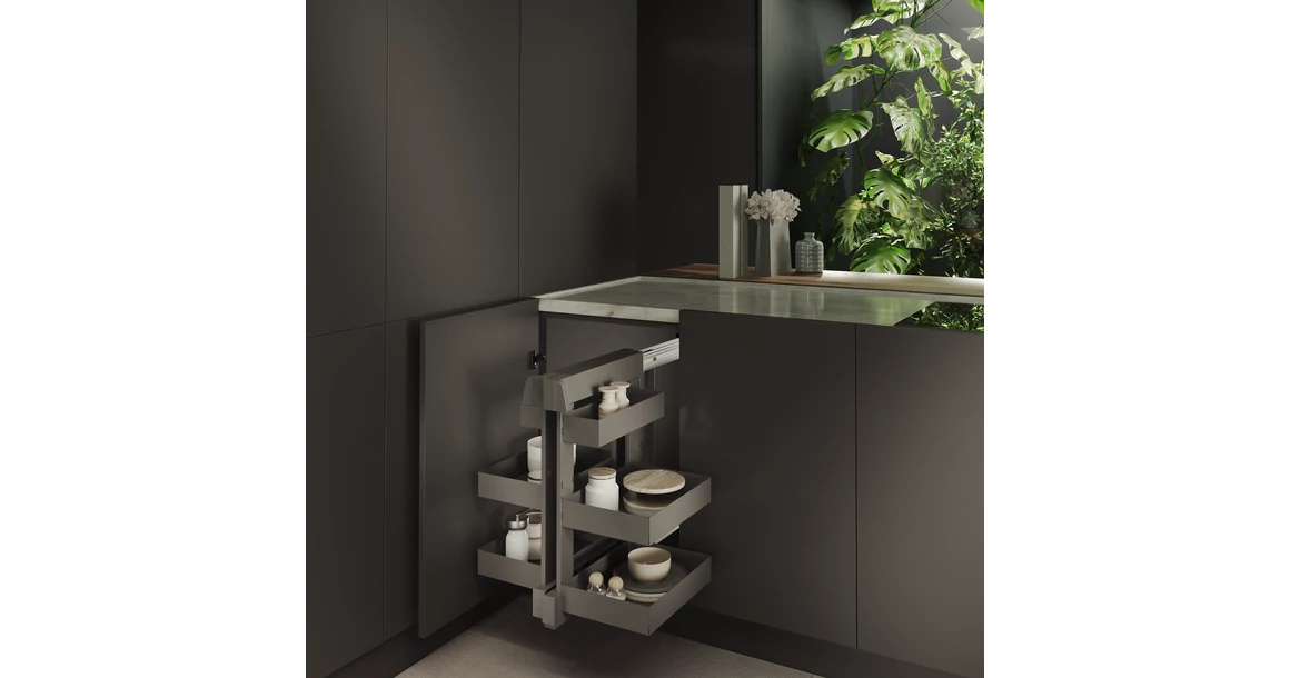 Kép 2/3 - Konyhai fémrács, sarokszekrénybe, teljes kihúzás, csillapított záródás, antracit, jobbos,  900mm, 450mm ajtó szélesség, Sige PRO LINE 340