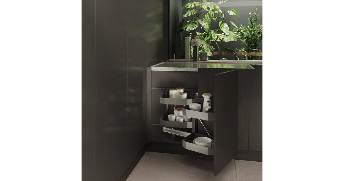 Kép 2/3 - Konyhai fémrács, sarokszekrénybe, részleges kihúzás, csillapított záródás, antracit, jobbos,  900mm, 450mm ajtó szélesség, Sige PRO LINE 350