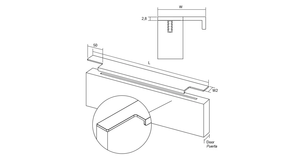 Kép 3/4 - Fogantyú  Viefe LINEAR 19 élre ültethető, 1197mm, alumínium, szálcsiszolt