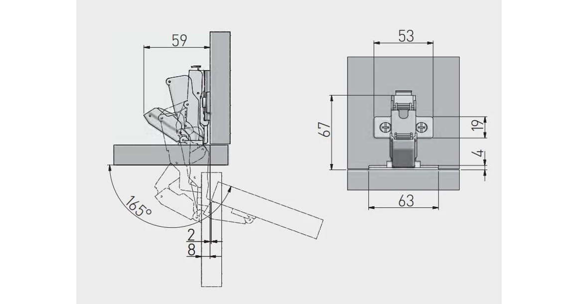 Kép 4/5 - Kivetőpánt, 165°, csillapított záródású, klippes, eurocsavar nélküli talp h=0