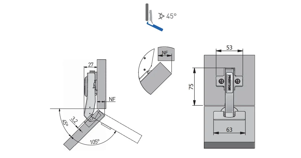 Kép 3/4 - Kivetőpánt, 45°, csillapított záródású, klippes, eurocsavar nélküli talp h=0
