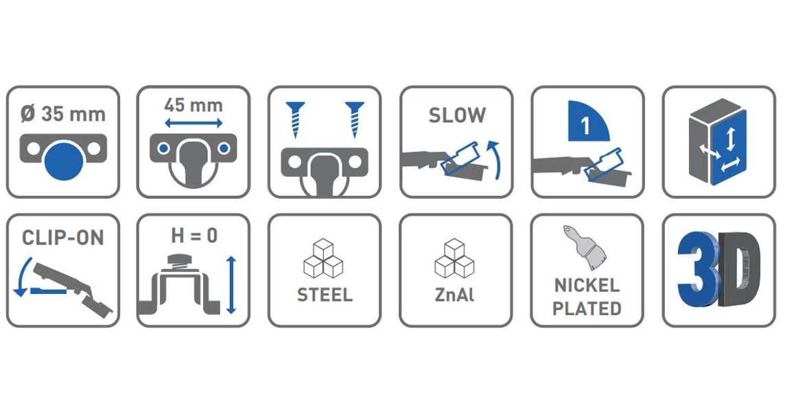 Kép 3/4 - Kivetőpánt, pillér, csillapított záródású, klippes, eurocsavar nélküli talp h=0