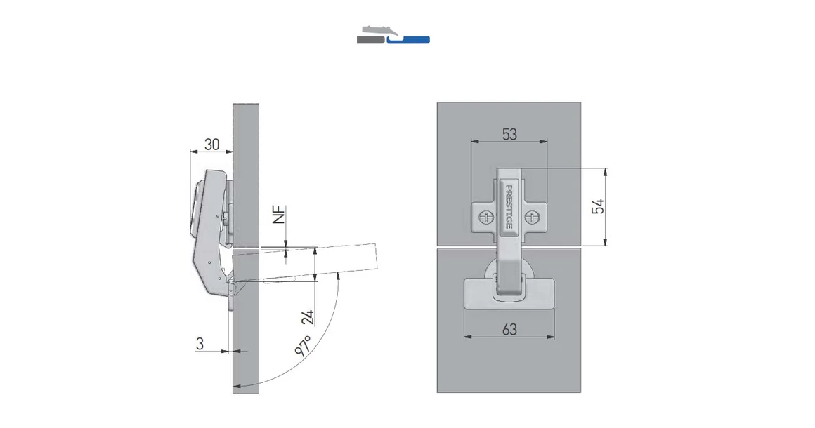 Kép 2/4 - Kivetőpánt, pillér, csillapított záródású, klippes, eurocsavar nélküli talp h=0
