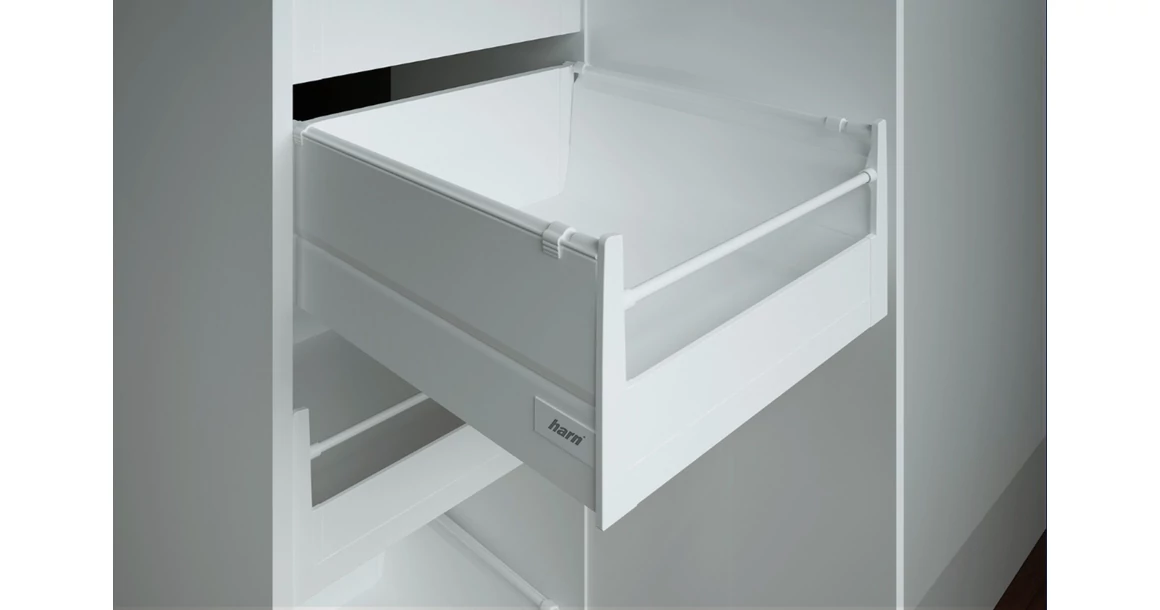Kép 1/17 - Fiókoldal   RITMA CUBE belső fiók,  HSE, oldalmagasítós, kör korláttal, fehér, 550mm, 35kg