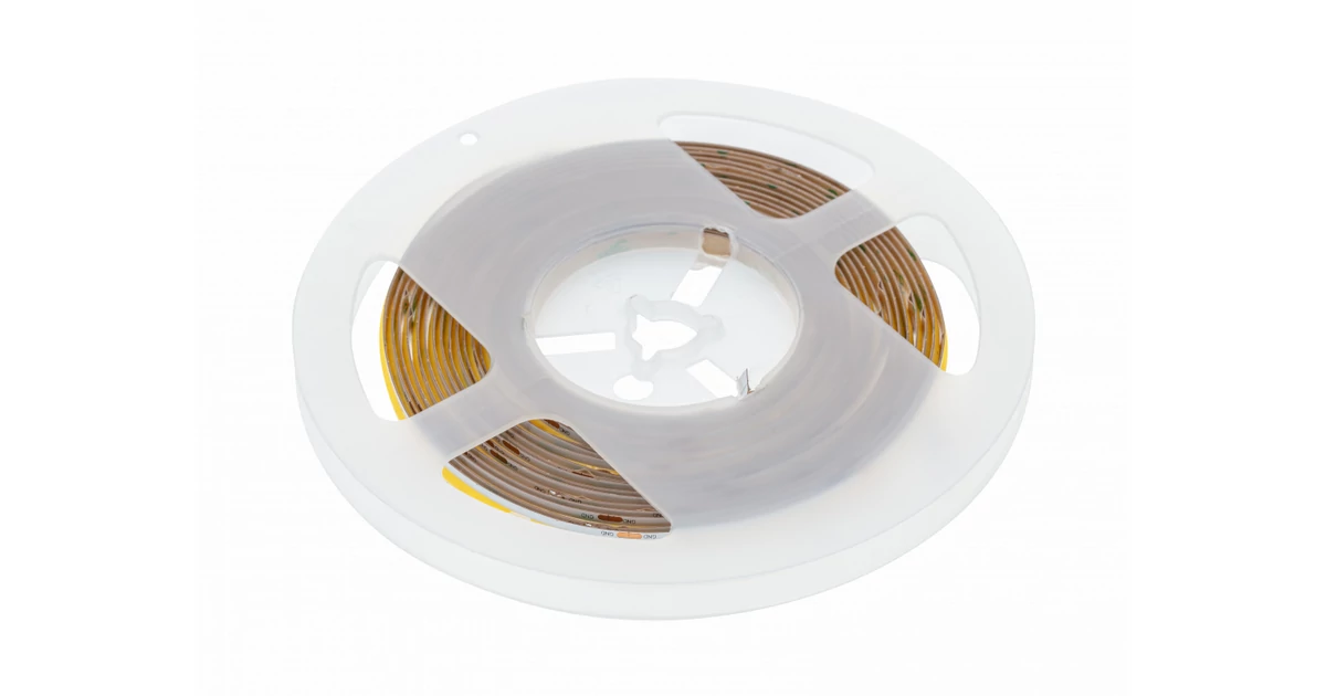 LED szalag COB LED csík, 1600 LED/5 fm, meleg fehér, 8W/fm,  40W/5fm , 8mm , 5fm/tekercs, 12V, IP20, 800lm/m