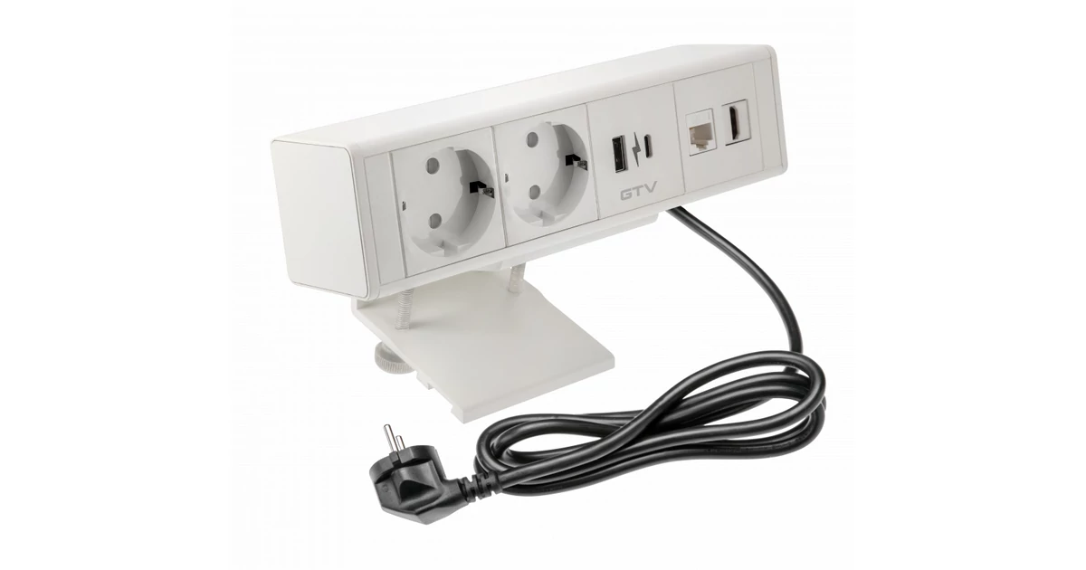 Konnektor, pultra helyezhető, 2x dugalj, 1x USB-A, 1x USB-C, 1x hálózati RJ45, 1x HDMI, 1,5 kábellel, fehér, BAR