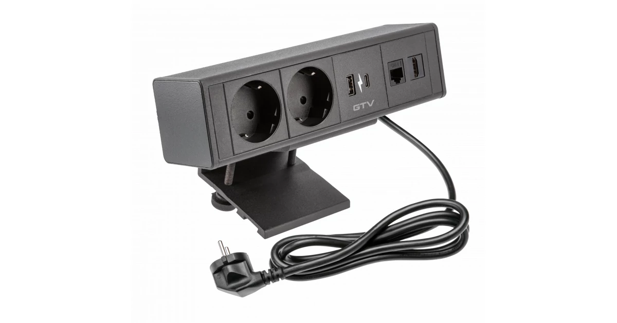 Konnektor, pultra helyezhető, 2x dugalj, 1x USB-A, 1x USB-C, 1x hálózati RJ45, 1x HDMI, 1,5 kábellel, fekete, BAR