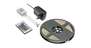 LED szalag RGB színváltós szett, 150 LED/5 fm, 8W/fm,  36W/5fm , 10mm , 5fm/tekercs, 12V, IP20, tápegységgel, távirányítóval