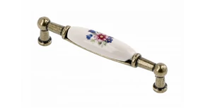 Fogantyú porcelán-fém,   96mm, 728B, lila virág antik bronz