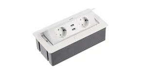 Konnektor, pultba süllyeszthető, fekvő, SOFT, 2x dugalj,2x USB 2A, 1,5 lábellel, fehér