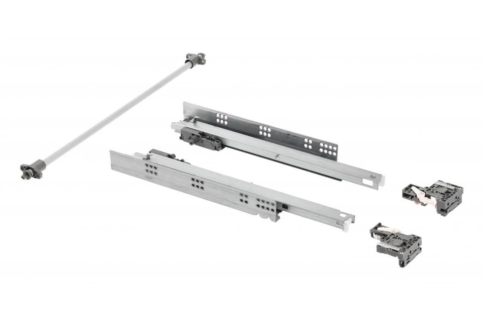 Rejtett fióksín, teljes kihúzású, csillapított záródású, PUSH OPEN, 250 mm, kuplunggal, 16-19mm laphoz, 3D állíthatóság