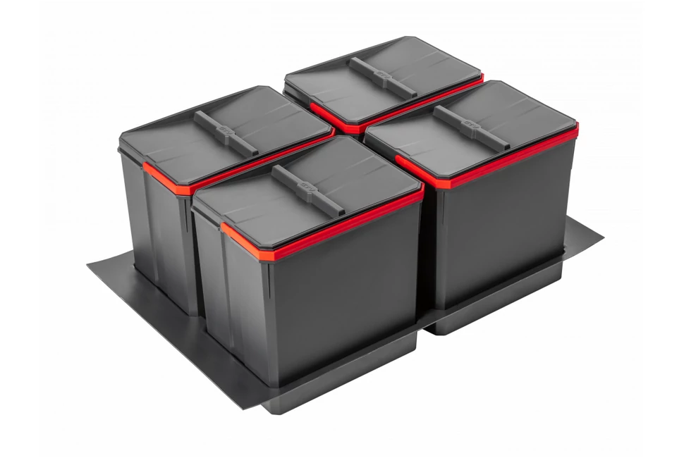 Hulladékgyűjtő AxiSpace 800mm, mozgatórendszer nélkül, 4x15L, edényekkel, tálcával, fedelekkel