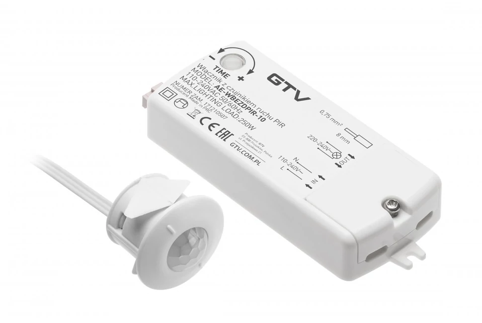 Kapcsoló, mozgásérzékelős, állítható idő, 240V, Max 250W, 2fm kábellel, fehér
