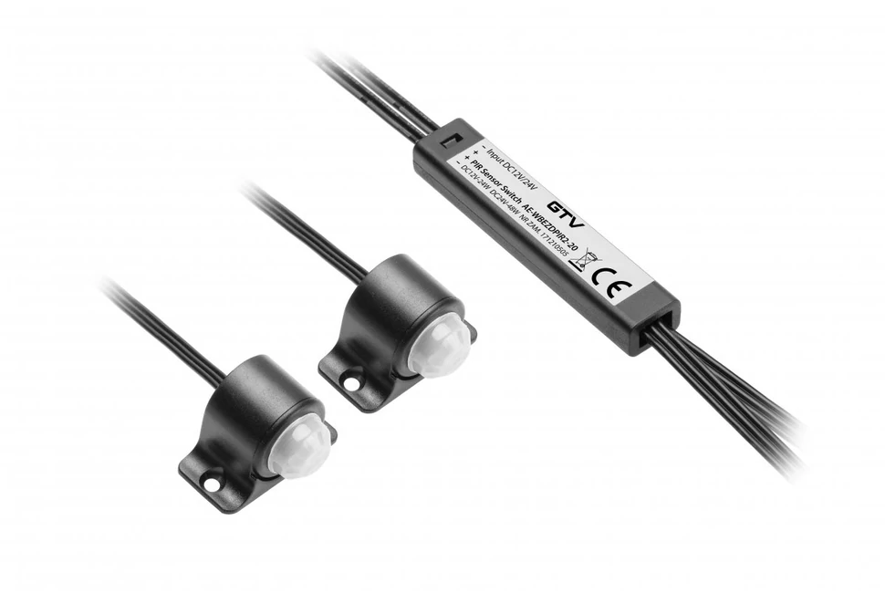 Kapcsoló, mozgásérzékelős, dupla, 12/24V, Max 24/48W, Mini AMP csatlakozóval, 2fm kábellel, fekete