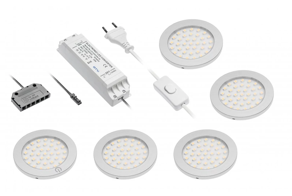 LED Lámpatest, CASTELLO 5-ös szett, meleg fehér, 67mm, 12V, 180lm, 14W, kábellel, csatlakozóval, érintő kapcsolóval, tápegységgel