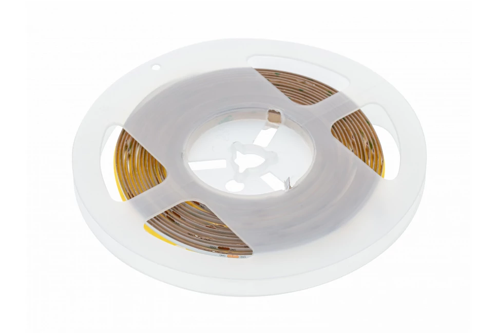 LED szalag COB LED csík, 1600 LED/5 fm, meleg fehér, 8W/fm,  40W/5fm , 8mm , 5fm/tekercs, 24V, IP20, 800lm/m, mini AMP vel