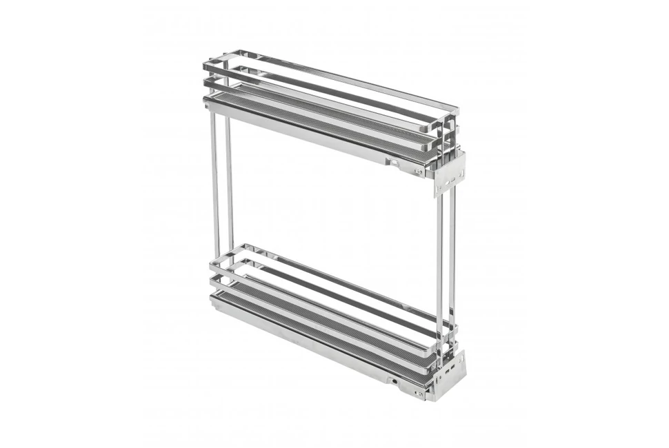 Konyhai fémrács, 150mm, oldalra szerelhető, balos, Króm-Szürke, teljes kihúzású, csillapított záródású, rejtett fióksínnel, Movix Pro