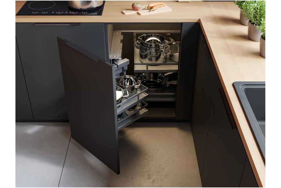 Konyhai fémrács, sarokszekrénybe, Movix Pro Corner, univerzális, Króm-Fehér, 450/800mm, részleges kihúzású, csillapított záródású