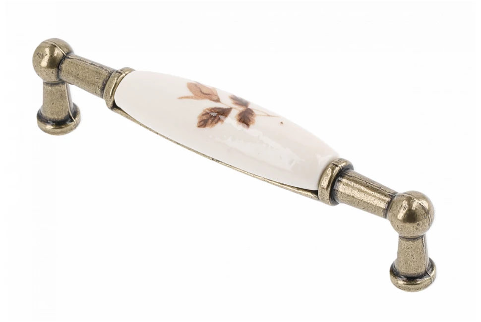 Fogantyú porcelán-fém,   96mm, 728B, barna virág antik bronz