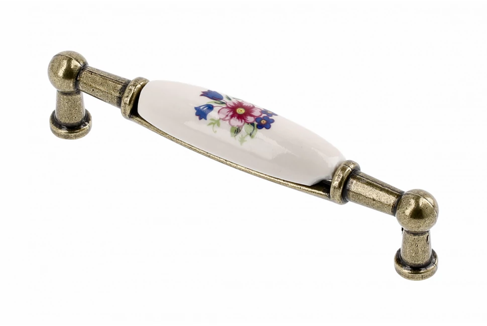 Fogantyú porcelán-fém,   96mm, 728B, lila virág antik bronz