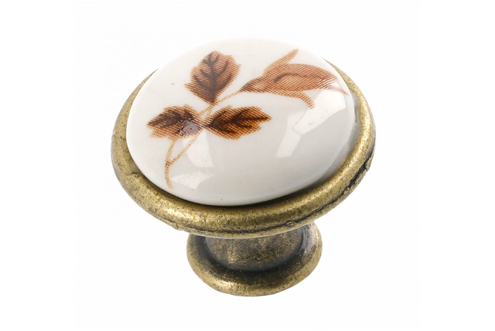 Fogantyú porcelán-fém, gomb J4, antik sárgaréz - barna virág
