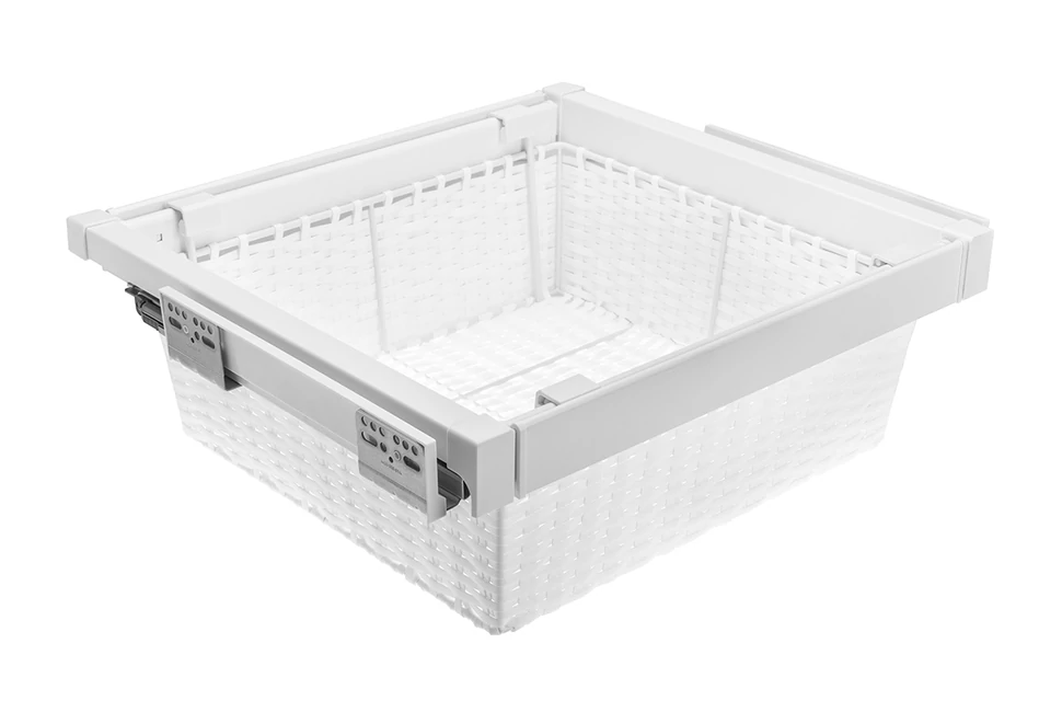 Gardób ELITE rattan kosár 203mm magas, teljes kihúzású, csillapított záródású, rejtett fióksínnel szerelve, 560-618mm, fehér