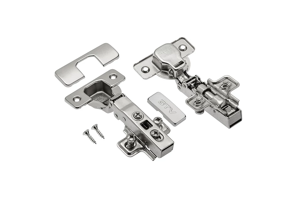 Kivetőpánt, rázáródó, csillapított záródású, klippes, eurocsavar nélküli talp h=0, takarókkal