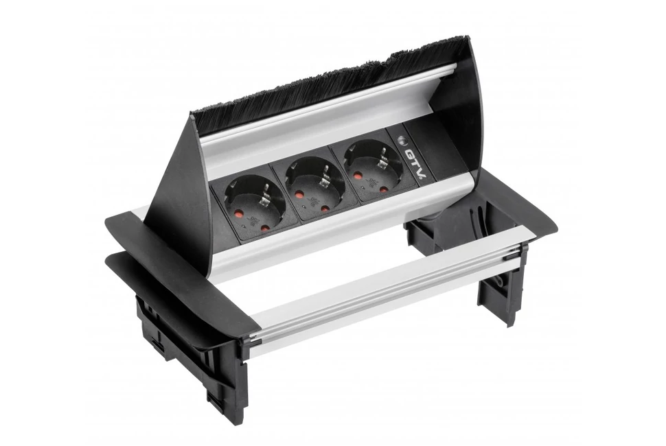 Átmenő asztali konnektor, kefével, kábel hozzáférés 3 x aljzat SCHUKO, 220-240V AC max. 3600W, 16A, IP20, kábellel 1,5m,