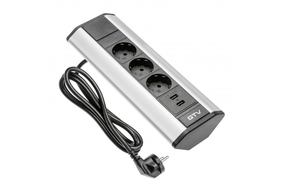 Konnektor, sarokba, 3x dugalj, 2x USB 2A, 1,5 fm kábellel, ezüst - fekete