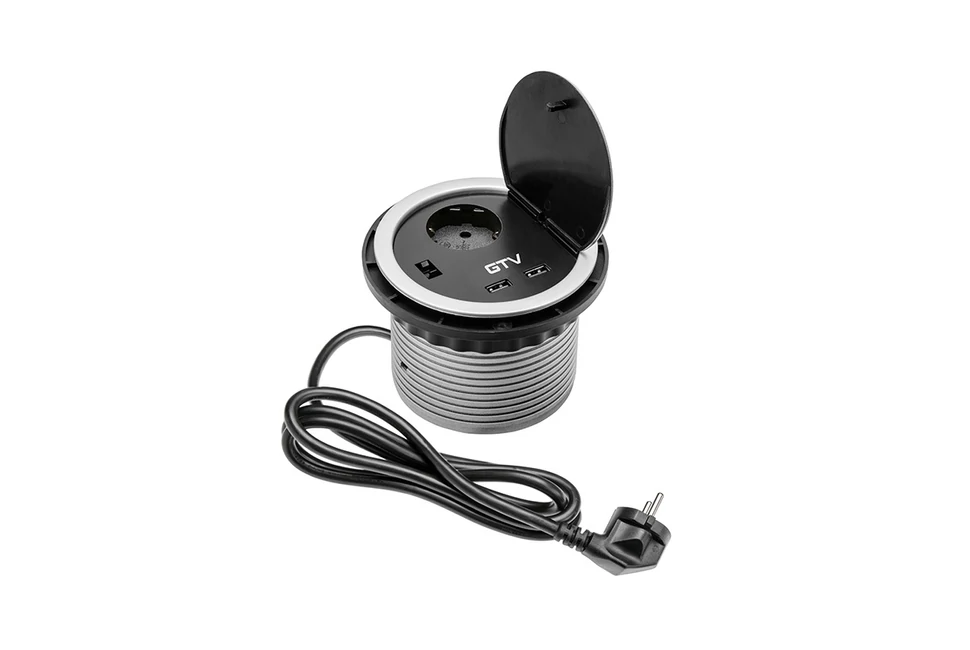 Konnektor, pultba süllyesztett, CHARGER, 1x dugalj, 2x USB 2A, 1,5fm kábellel, ezüst-fekete