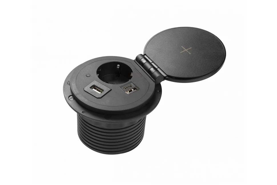 Konnektor, pultba süllyesztett, 1x dugalj, variálható, USB A, USB C, hálózati RJ45, HDMI,  1,5fm kábellel, fekete, CHARGER PLUS