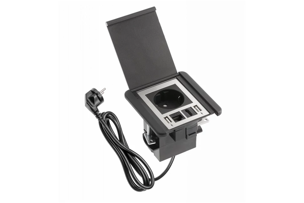 Konnektor, pultba süllyesztett, 1x dugalj, 2x USB 2A, 1x hálózati RJ45, 1x HDMI, 1,5 kábellel, fekete, FLIP