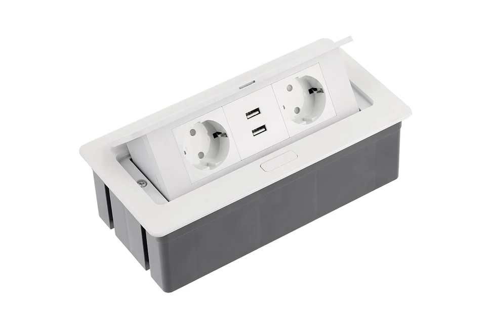 Konnektor, pultba süllyeszthető, fekvő, SOFT, 2x dugalj,2x USB 2A, 1,5 lábellel, fehér