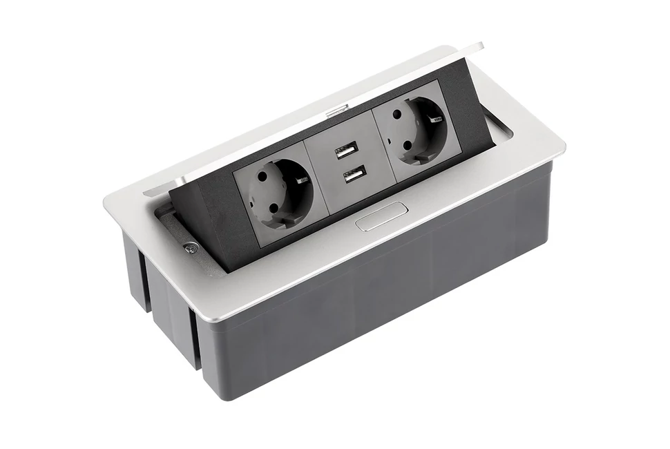 Konnektor, pultba süllyeszthető, fekvő, SOFT, 2x dugalj,2x USB 2A, 1,5 lábellel, alumínium