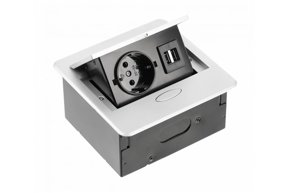 Konnektor, pultba süllyeszthető, fekvő, 1x dugalj, 2xUSB A, 1,5fm kábellel, ezüst, AVARO