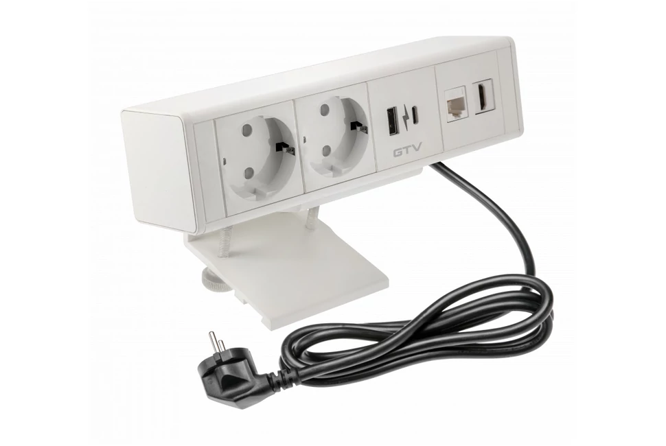 Konnektor, pultra helyezhető, 2x dugalj, 1x USB-A, 1x USB-C, 1x hálózati RJ45, 1x HDMI, 1,5 kábellel, fehér, BAR