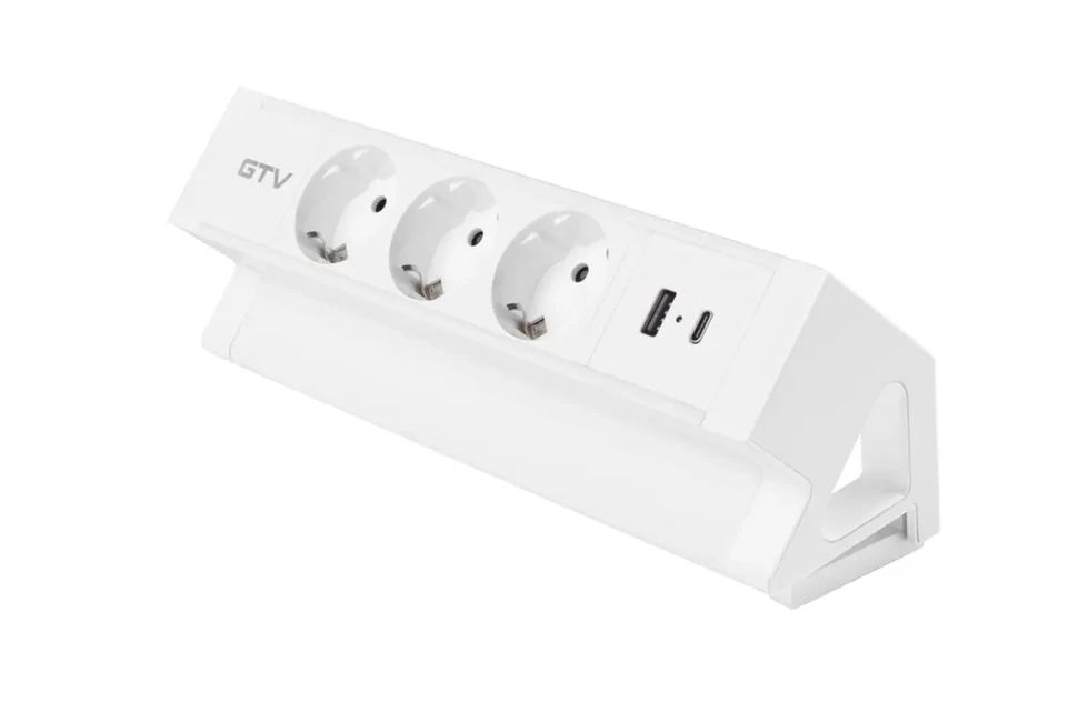 Konnektor, pultra szerelhető, 3x dugalj, 1x USB A, USB C, 1,5fm kábellel, fehér, BASCO