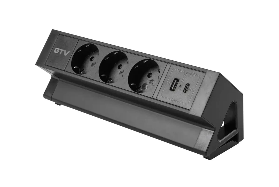 Konnektor, pultra szerelhető, 3x dugalj, 1x USB A, USB C, 1,5fm kábellel, fekete, BASCO