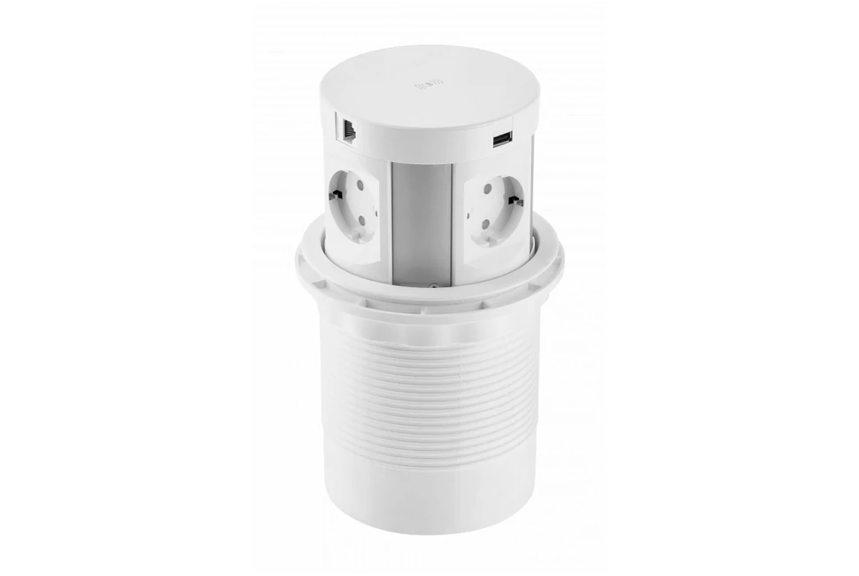 Konnektor, pultba süllyeszthető, 4x dugalj, 2x USB 2A, 2x hálózati RJ45, 1,5 kábellel, 5W indukciós töltővel, fehér, 120mm COMFORT PLUS