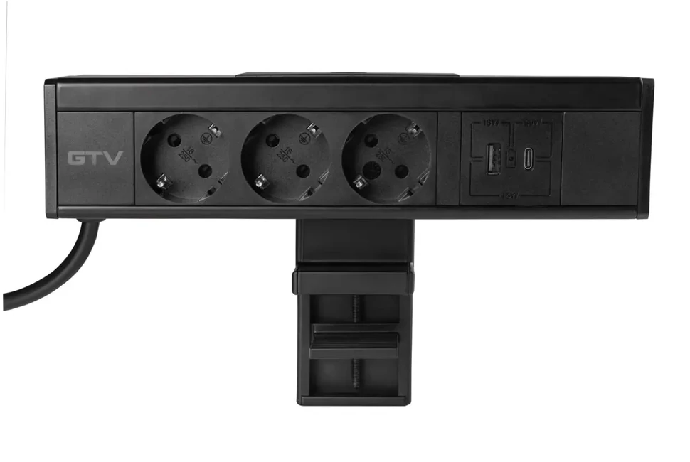 Konnektor, pultra szerelhető, 3x dugalj, 1x USB A, USB C, 1,5fm kábellel, fekete, NICO
