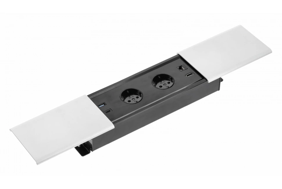 Konnektor, pultba süllyesztett, 2x dugalj, 1x USB A, USB C, hálózati RJ45, HDMI, 1,5fm kábellel, fehér, PRESTINO