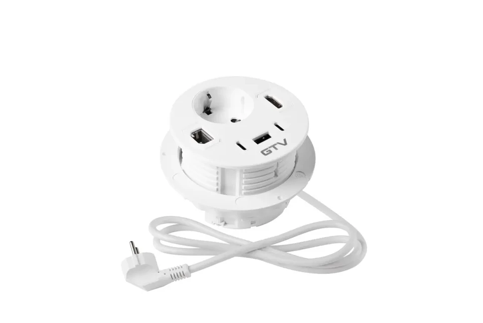 Konnektor, pultba szerelhető, 1x dugalj, 1x USB A, 2xUSB C, RJ45; HDMI; 1,5fm kábellel, fehér, RONDO